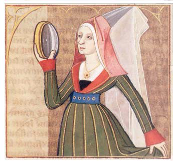 Histoire de Faustine Auguste de Boccace – Enluminée au XVème siècle à Cognac – Paris, BnF, Fr. 599 f° 84. La femme porte un bandier bleu orné d'anneaux, ainsi qu'un tassel noir permettant de diminuer le large décolleté en "V" de sa robe.