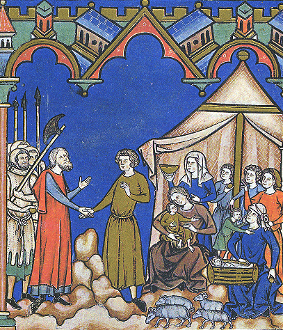 Jacob et Laban - Bible Maciejowski – Enluminé à Bruges vers 1250 – New-York, Pierpont Morgan Library, Ms. 638 f°12 L'homme sur la gauche porte une cotte bleue sur laquelle est superposée un surcot rouge à manches longues. Celle-ci est portée les bras passés dans les ouvertures d'aisance placées sous les manches.