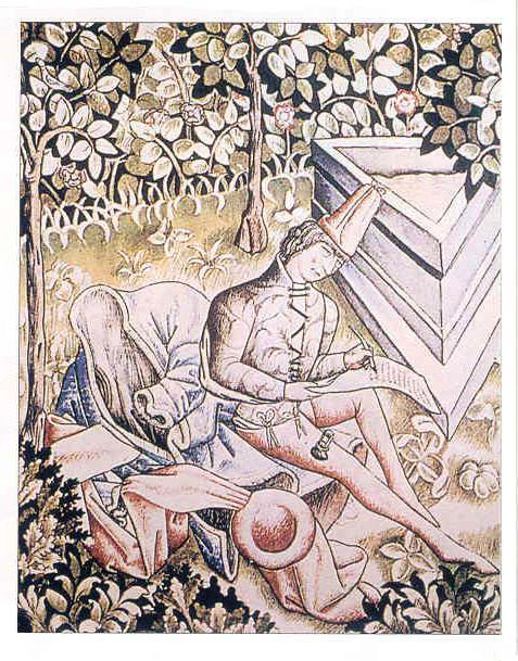 Le champion des Dames de Martin Lefranc – Enluminé vers 1460 – Grenoble, Bibl. Mun., Ms. 875 f°21
La silhouette masculine est étirée en hauteur par le port de chausses très ajustées, comme la taille et le buste du pourpoint. Les épaules sont étoffées et les manches sont fendues.
Les vêtements sont retenus non par des boutons mais par des laçages et des aiguillettes (chausses). Le jeune homme est assit sur sa houppelande (mi-longue et ouverte sur toute la hauteur). Puisqu'il porte un bonnet, le chaperon posé au sol était porté de façon ornementale sur l'épaule.