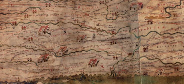 La table de Peutinger, est une copie du XIIIe siècle d'une ancienne carte romaine où figurent les routes et les villes principales de l'Empire romain.
La table est composée de onze parchemins, assemblés pour former une bande de 6,82 m.
Elle montre 200 000 km de routes, allant de l'Empire romain, jusqu’à l'Inde et Sri Lanka (la Chine est même mentionnée).